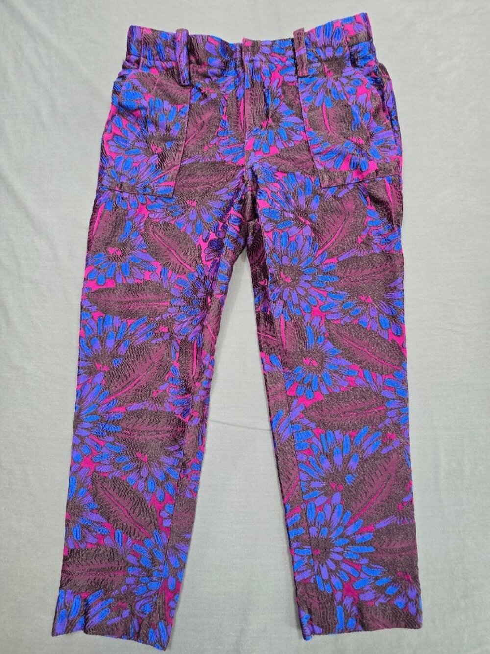 J Crew Slim Pants Size 2 Floral Embroidered Purple & Blue Metallic